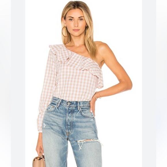 L’Academie White & Tan Asymmetrical Gingham Blouse Size XS - Picture 1 of 8